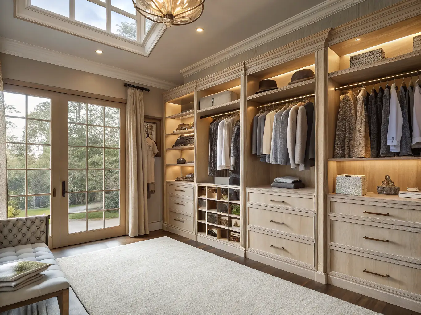 A luxurious walk-in closet featuring custom-built shelving, drawers, and a central island with a marble countertop, illuminated by soft, recessed lighting.