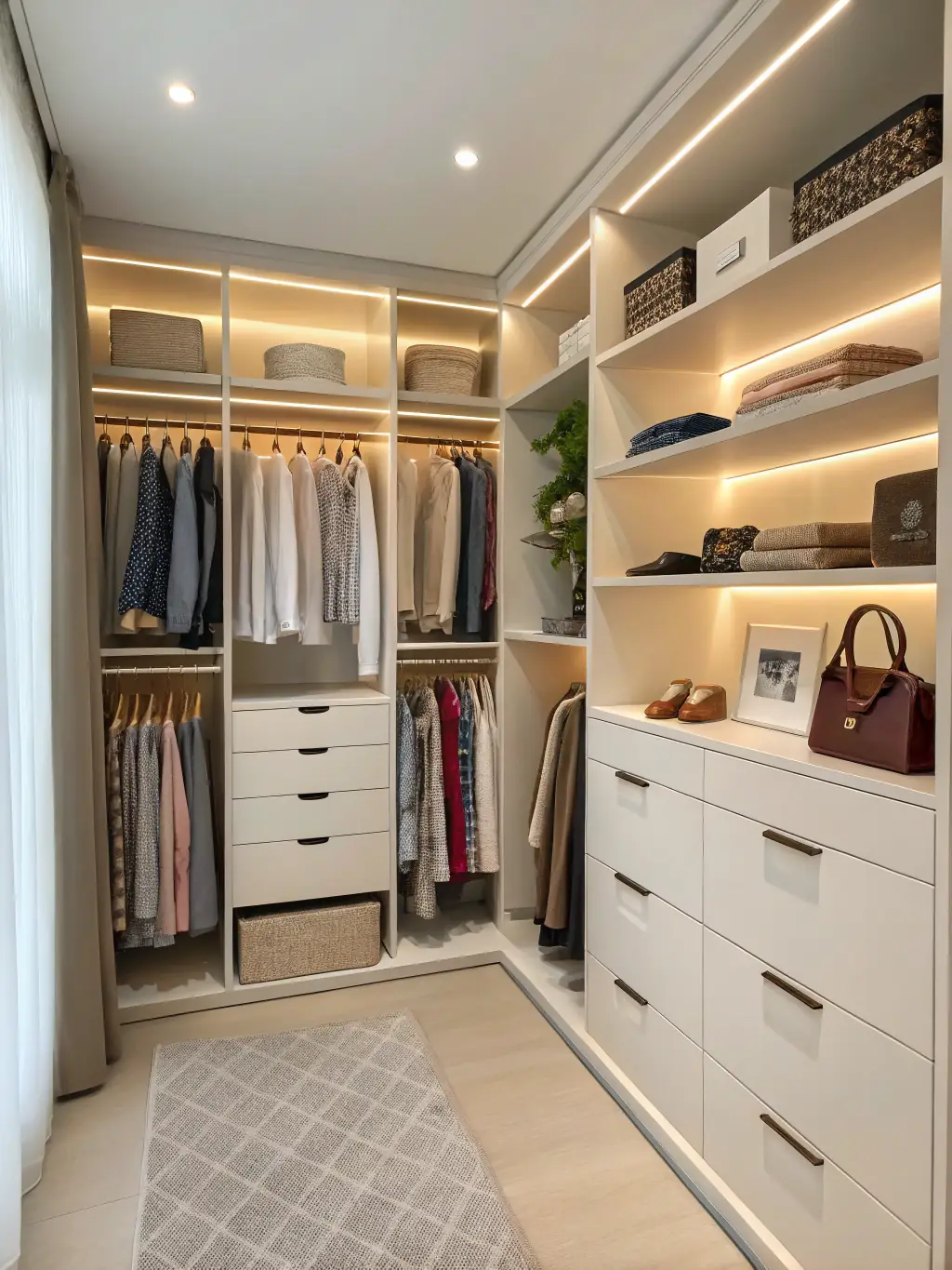 A brightly lit, well-organized walk-in closet with custom shelving, hanging rods, and a central island, showcasing a variety of clothing and accessories.