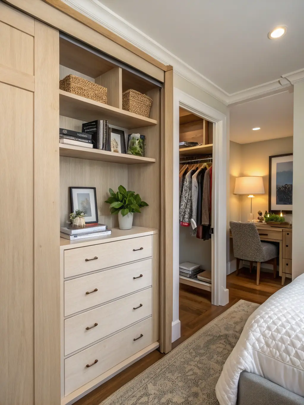 A built-in closet seamlessly integrated into a bedroom wall, featuring elegant doors, custom compartments, and soft-close drawers for a clean look.